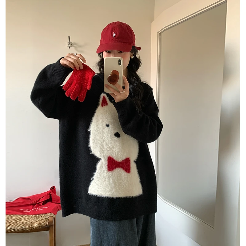 Milu家大码女装冬季新年红色可爱卡通宽松圆领毛衣胖mm显瘦上衣潮