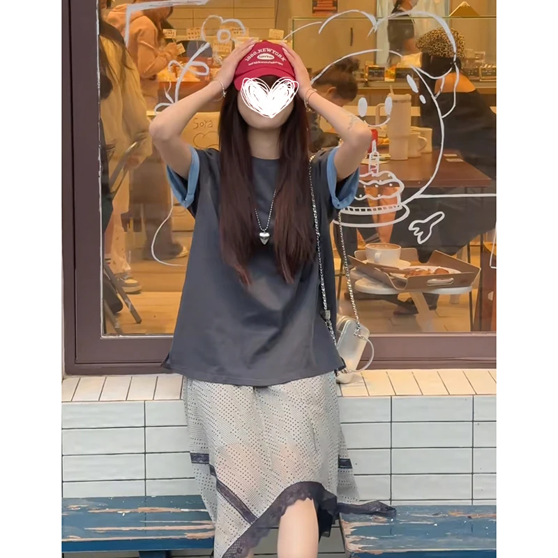 FRVXO夏季韩版圆领拼接卷边甜美短袖不规则设计法式气质波点半裙