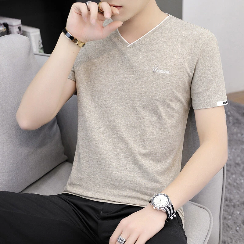 V领短袖T恤夏季冰丝薄款透气上衣青年休闲2025上新打底衫男
