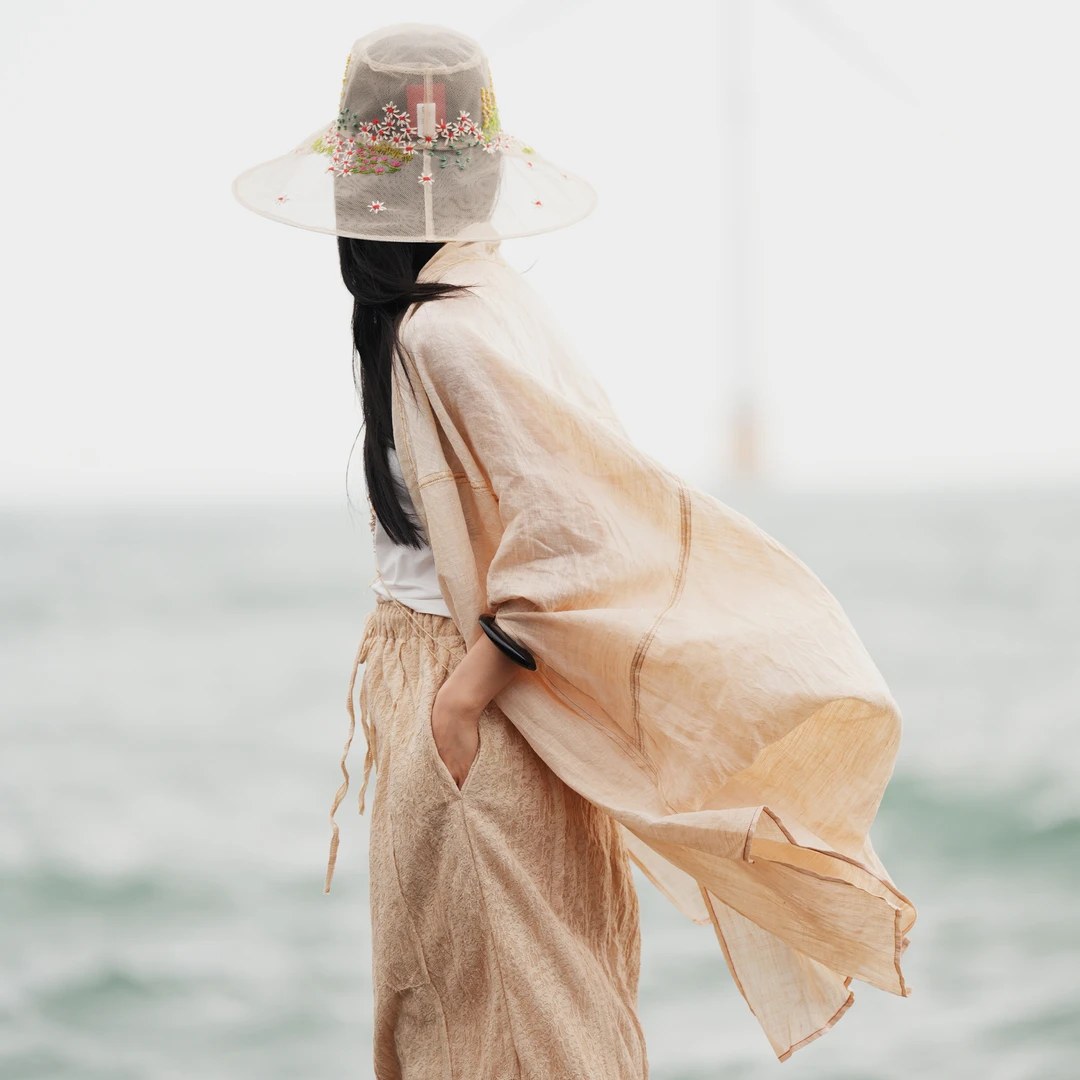 几见 原创设计夏季汉麻棉披肩衬衣开衫防晒衣前后开叉复古W52705