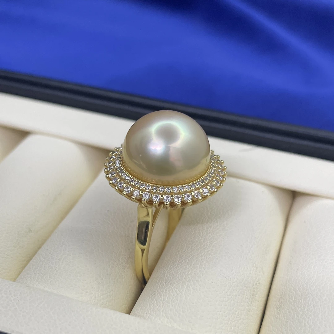 海水珍珠-南洋金珍珠14-15mm太阳花戒指S925银