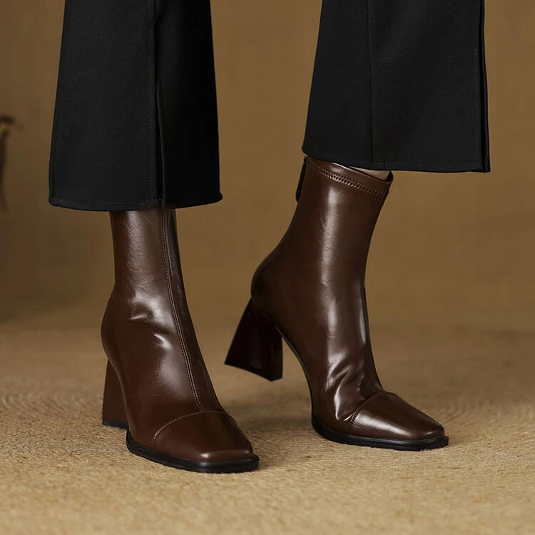 7.5cm~拼接弹力瘦瘦靴女粗跟高跟后拉链方头秋冬短靴气质性感短靴