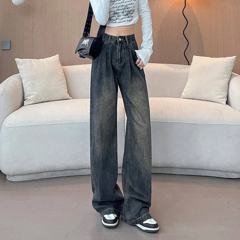 水泥灰阔腿牛仔裤女2024秋季新款高腰褶皱复古怀旧宽松休闲拖地裤