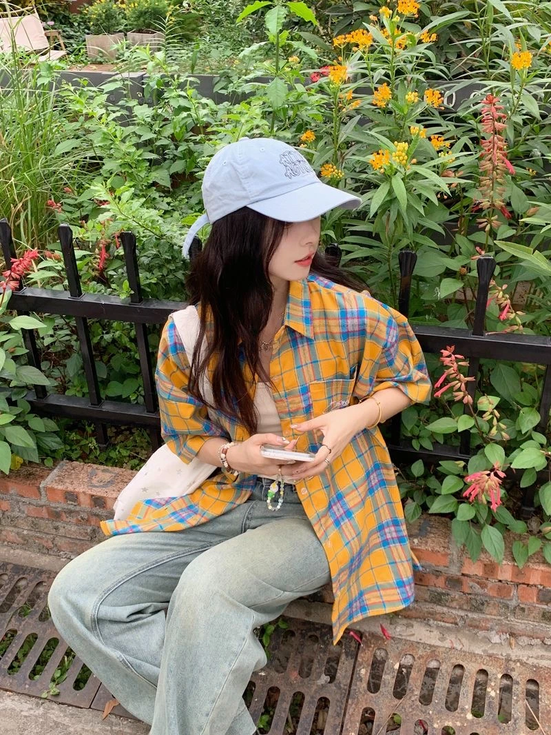 黄色格子衬衫复古设计短袖格子衬衫女薄款防晒外套小个子宽松衬衣