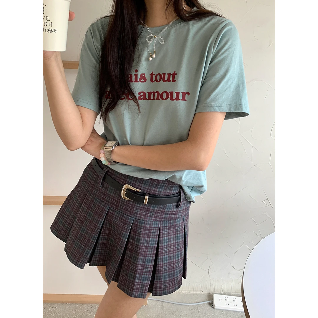 NIDEBLACK韩系少女格子拼色短百褶裙A字形复古校园风显瘦毛呢短裙