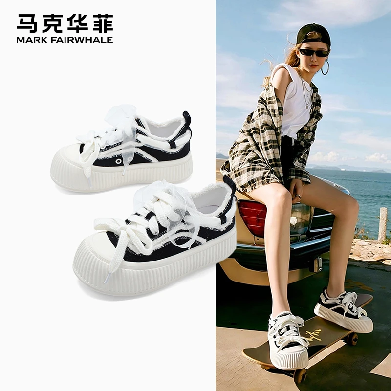 马克华菲女鞋夏季新款帆布鞋增高熊猫鞋蕾丝厚底饼干鞋百搭单鞋女