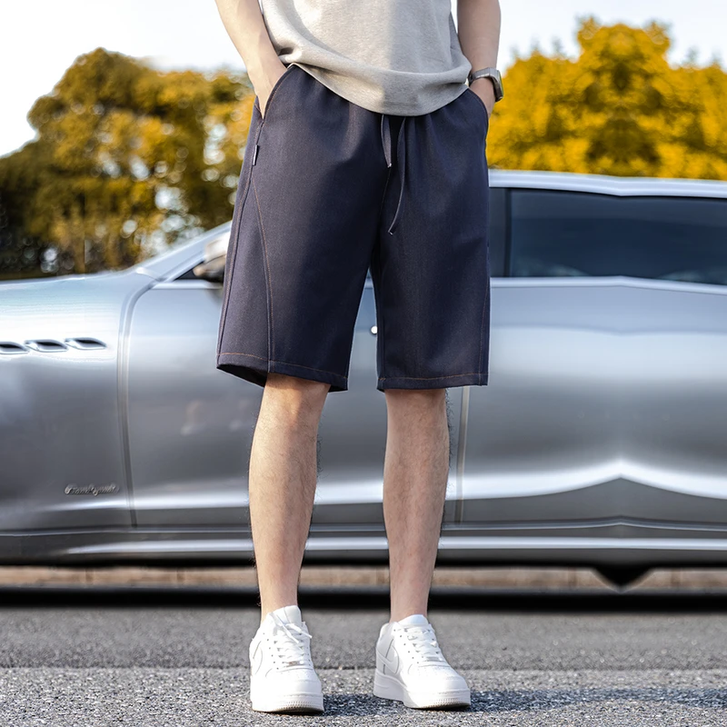 丹宁仿牛仔冰丝直筒宽松五分短裤男款纯色运动垂坠感牛仔短裤男士