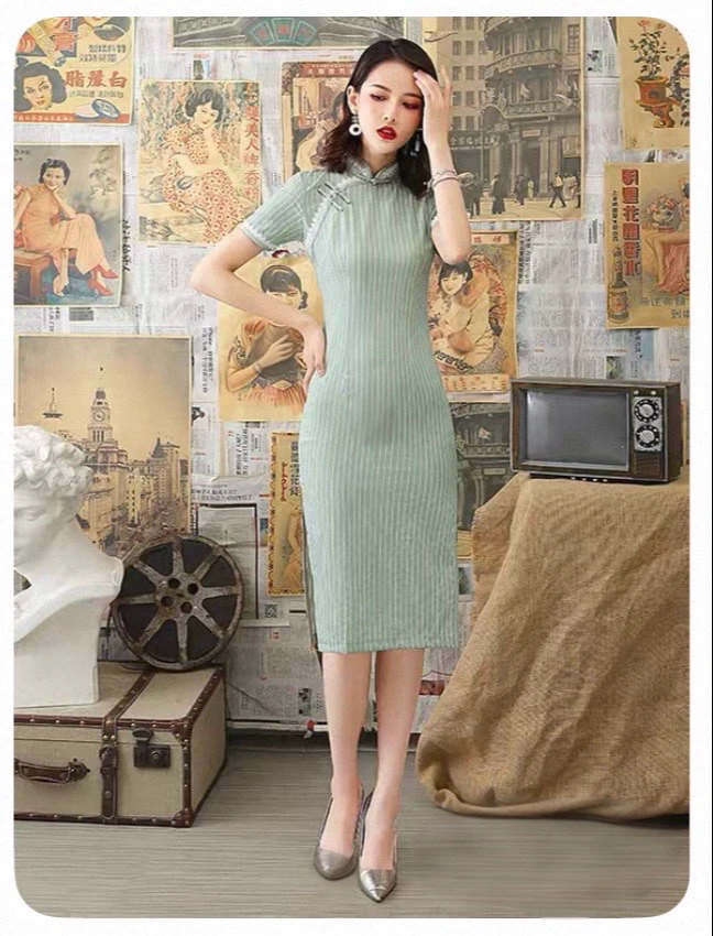 【2407 绿色 竖条纹 中长款】显瘦气质修身优雅复古中国风旗袍
