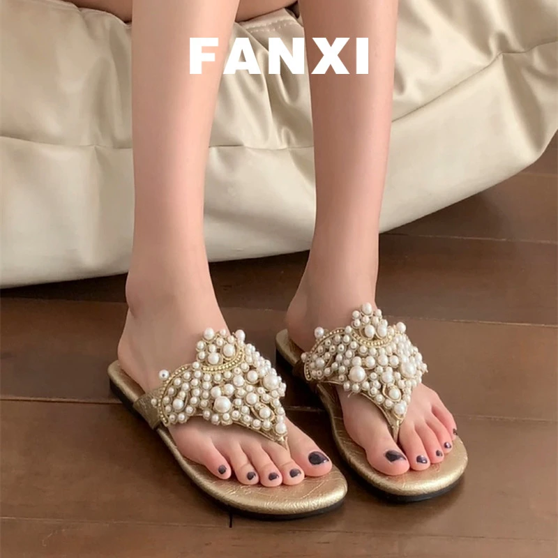 【韩国JTG&Shoes官方正品】珍珠夹趾平底凉鞋拖鞋女拖鞋女鞋外穿