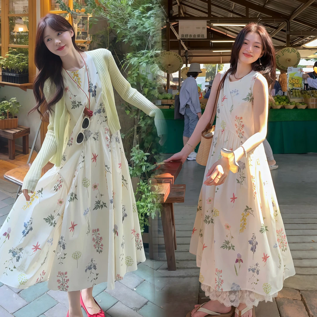 薄款防晒长袖针织新款开衫碎花背心连衣裙早春季时尚两件套A1236