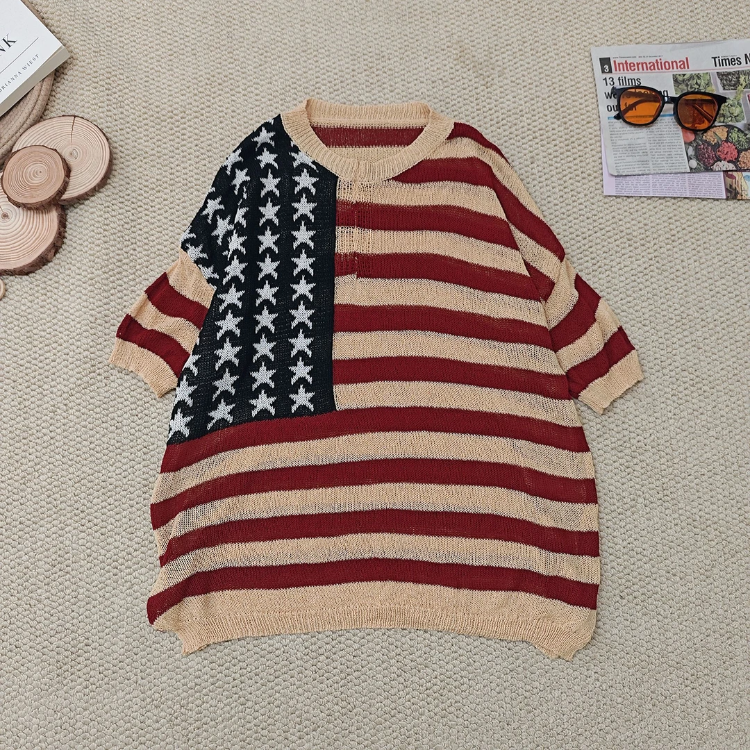 2025夏季新款宽松百搭条纹五角星冰麻针织防晒短袖T恤2015