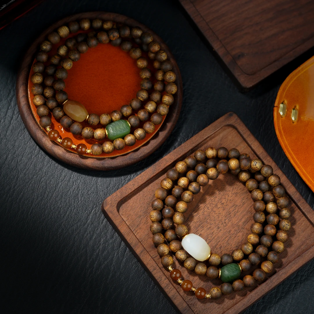 沉香莺歌绿棋楠多圈设计手串和田玉糖白糖玉碧玉（多样性发其一）