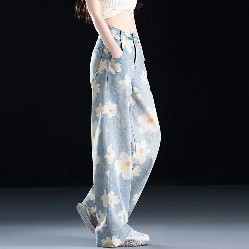 复古印花直筒牛仔裤女2025新款秋季宽松阔腿裤女高腰网红时尚裤子