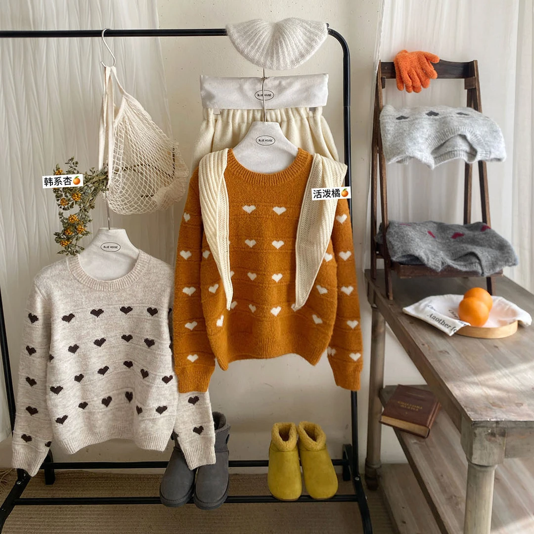 韩系氛围温柔爱心圆领毛衣女冬季休闲简约宽松百搭套头针织衫上衣