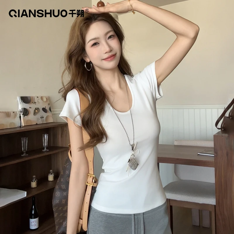 千朔恋夏风U领T恤洋气衣服女韩系ins纯欲慵懒风纯色百搭短袖上衣