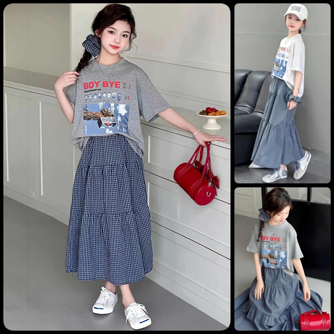 女童2025新款夏季短袖格子裙套装中大童6-12岁15岁甜美夏天两件套