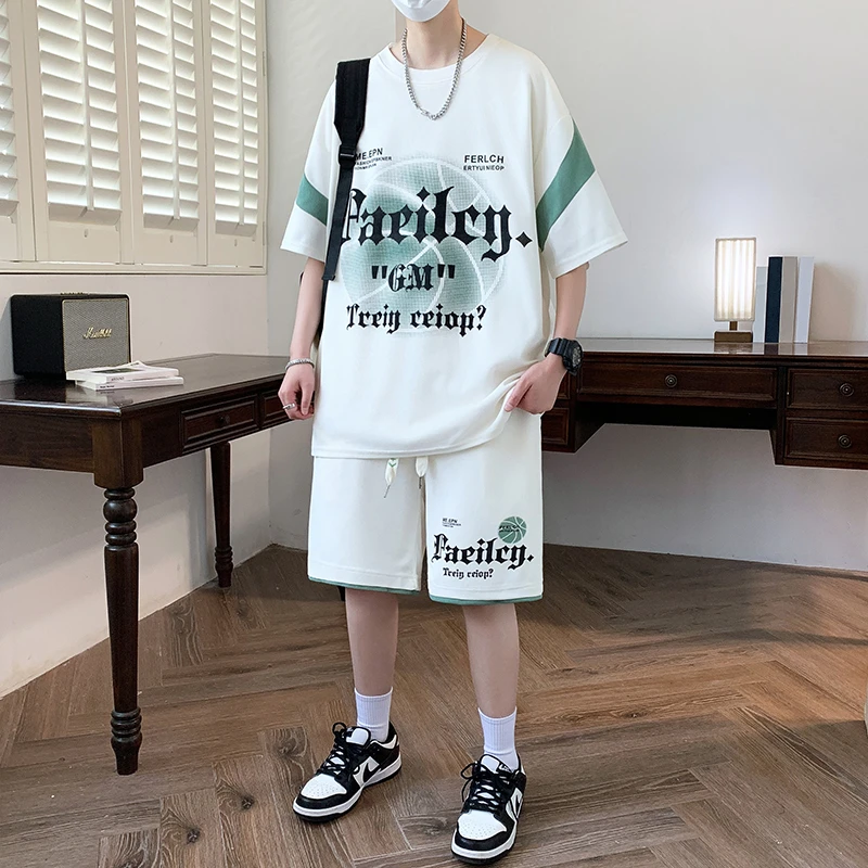 男士韩版宽松五分袖T恤青少年时尚百搭休闲运动套装夏季薄款短袖