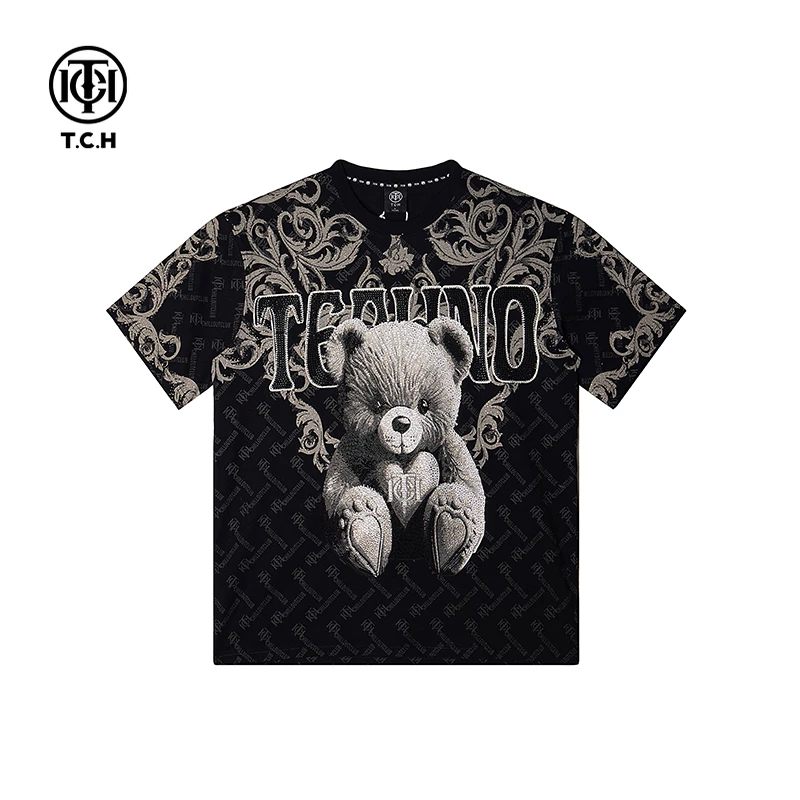 TCH2024秋季新款T恤女重工小熊烫钻T恤男短袖宽松T72C106025