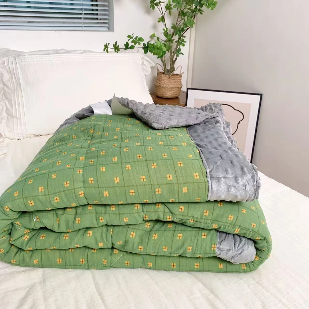 【夕雾绿】双人加厚全棉色织双层纱豆豆被！填充大豆纤维！