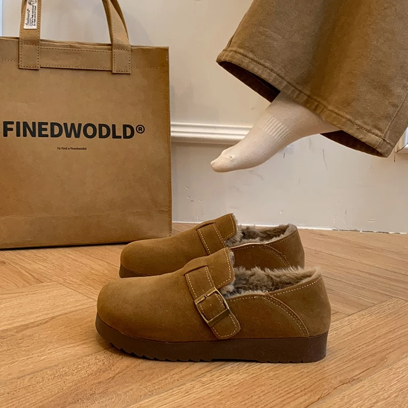 加绒全包勃肯鞋女冬款2025新款一脚蹬复古毛毛棉鞋加厚保暖雪地靴
