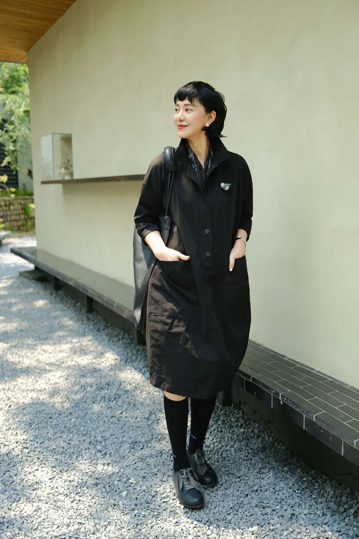 Li Wang/里望设计师款  进口全棉 大口袋宽松休闲九分袖连衣裙