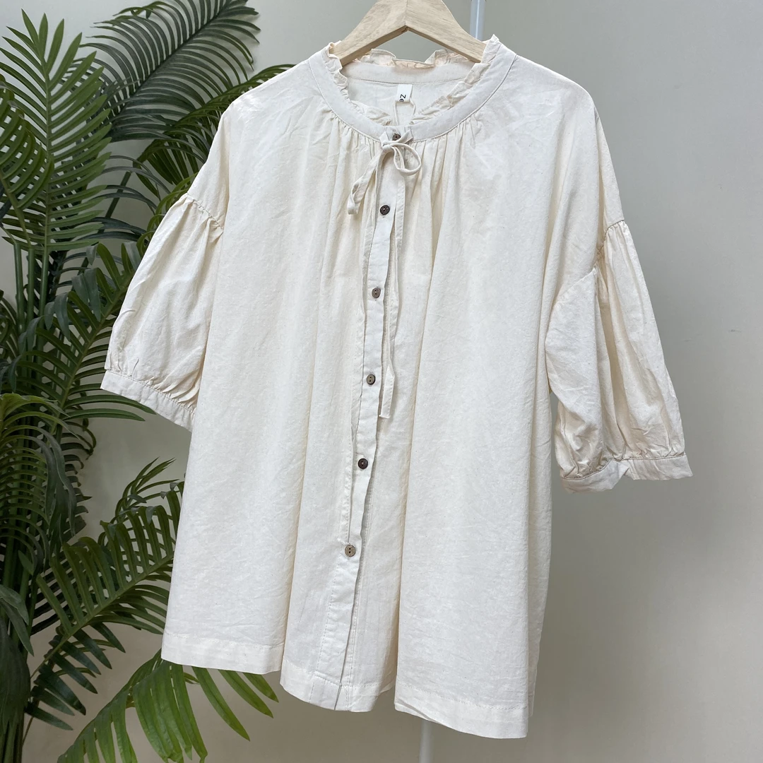 【木耳边系带五分袖衬衫】3182