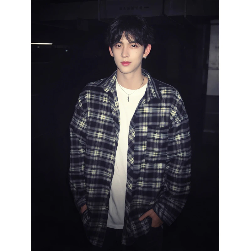 美式复古格子衬衫男款春秋季高级感痞帅vintage长袖衬衣格纹外套