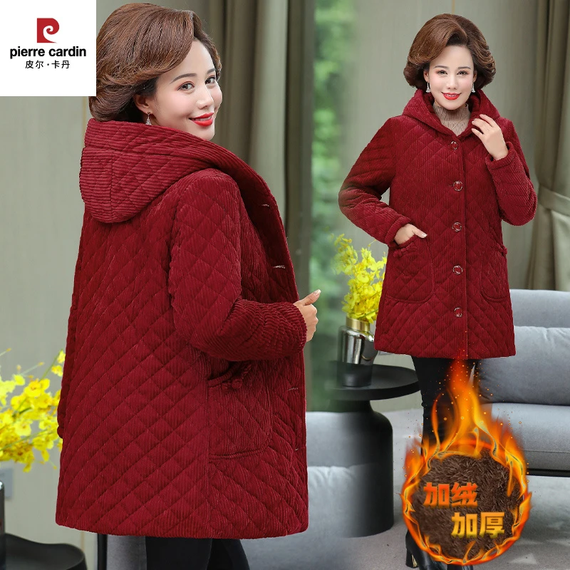 皮尔卡丹妈妈冬装灯芯绒棉衣中长款中年女时尚条绒棉袄中老年冬季