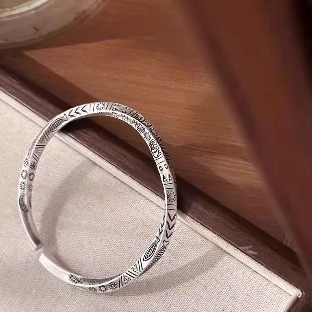 足银手镯 足银999纯银古法莫比乌斯图腾森系手镯复古开口