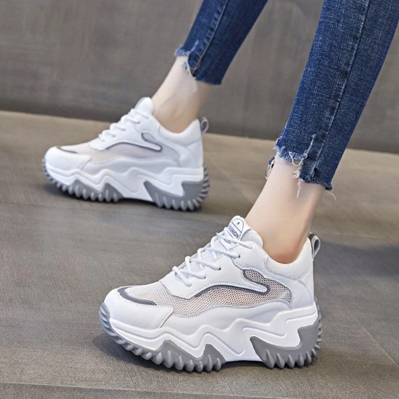 今年流行的黑色全牛皮运动鞋女款ins潮百搭厚底品质内增高老爹鞋