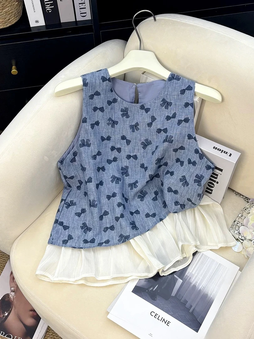 甜美不规则无袖背心衬衫新款韩系夏季设计蝴蝶结上衣（无运费险）