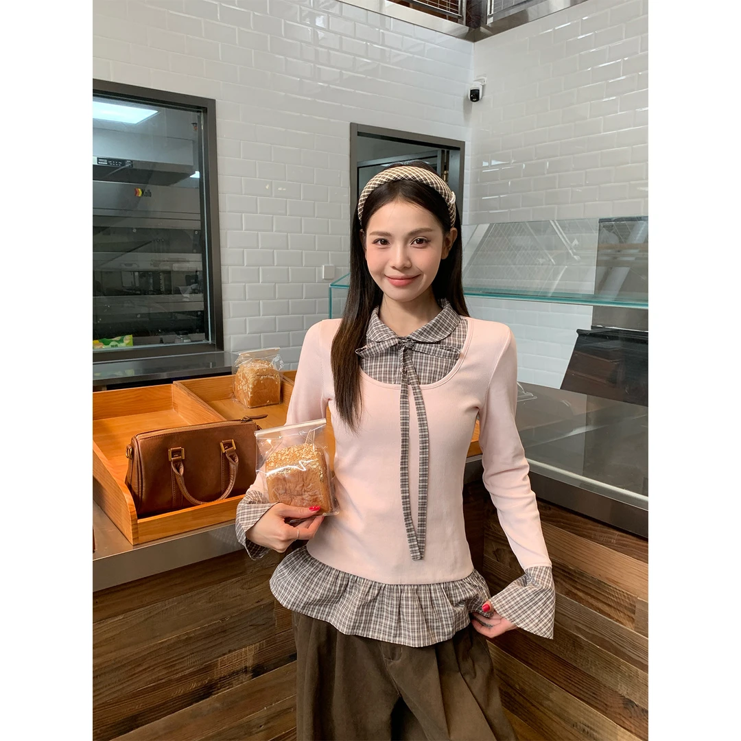 宋正恩1/4 10:00A韩系甜柔感桃粉格纹领结拼接修身长袖T恤AA27387