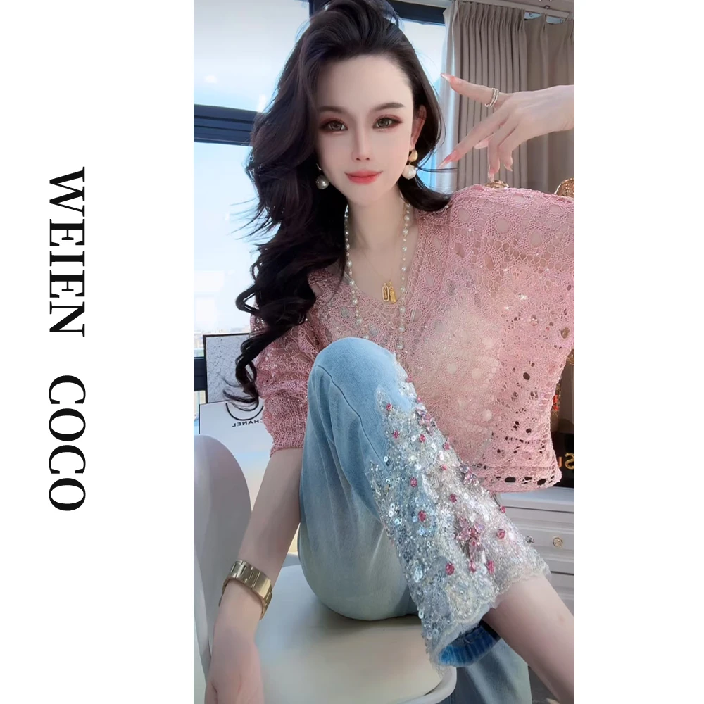 【薇恩COCO】气质长袖镂空针织时尚衬衣U领春季新款衬衫S3870