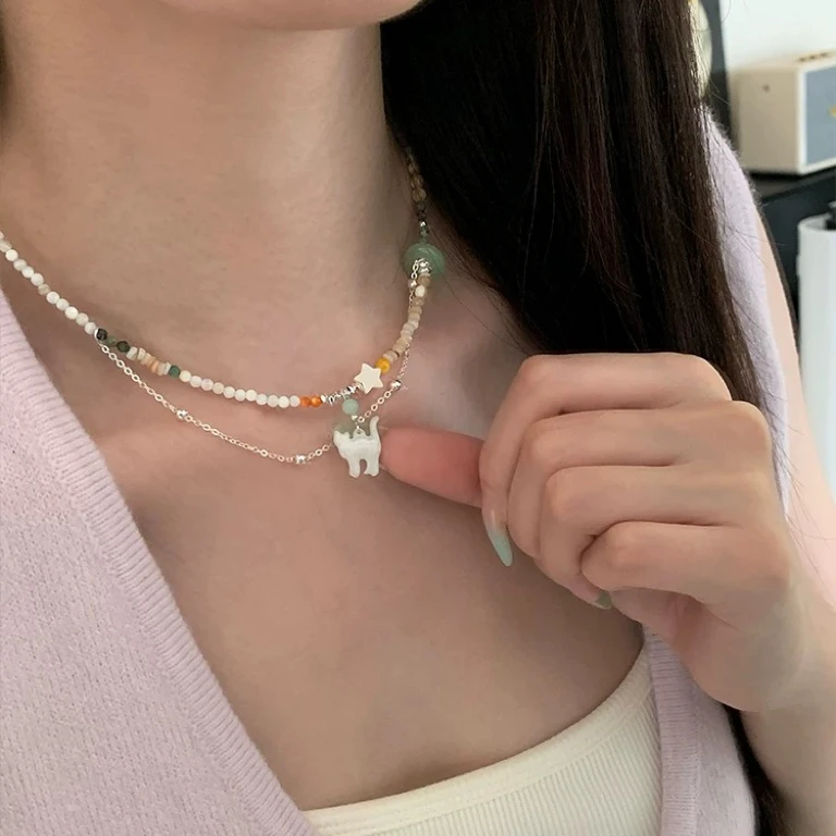 铜合金仿珍珠项链 Q059 彩色多巴胺猫咪串珠小清新锁骨链项链