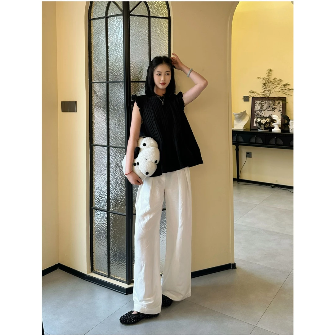 F3856无袖花边圆领褶皱宽松衬衫25SSY194