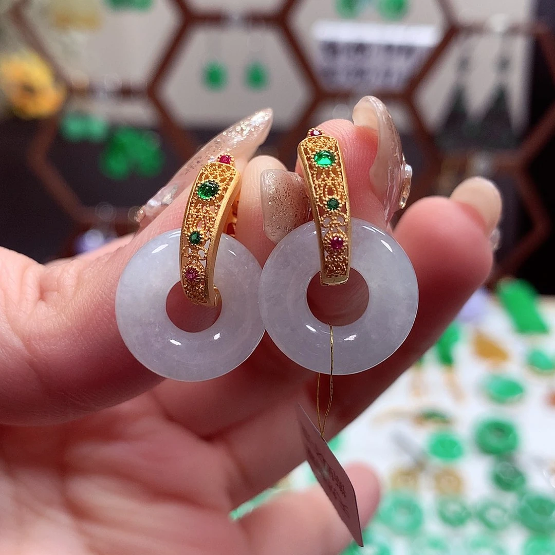 翡翠耳饰银S925镶嵌天然翡翠