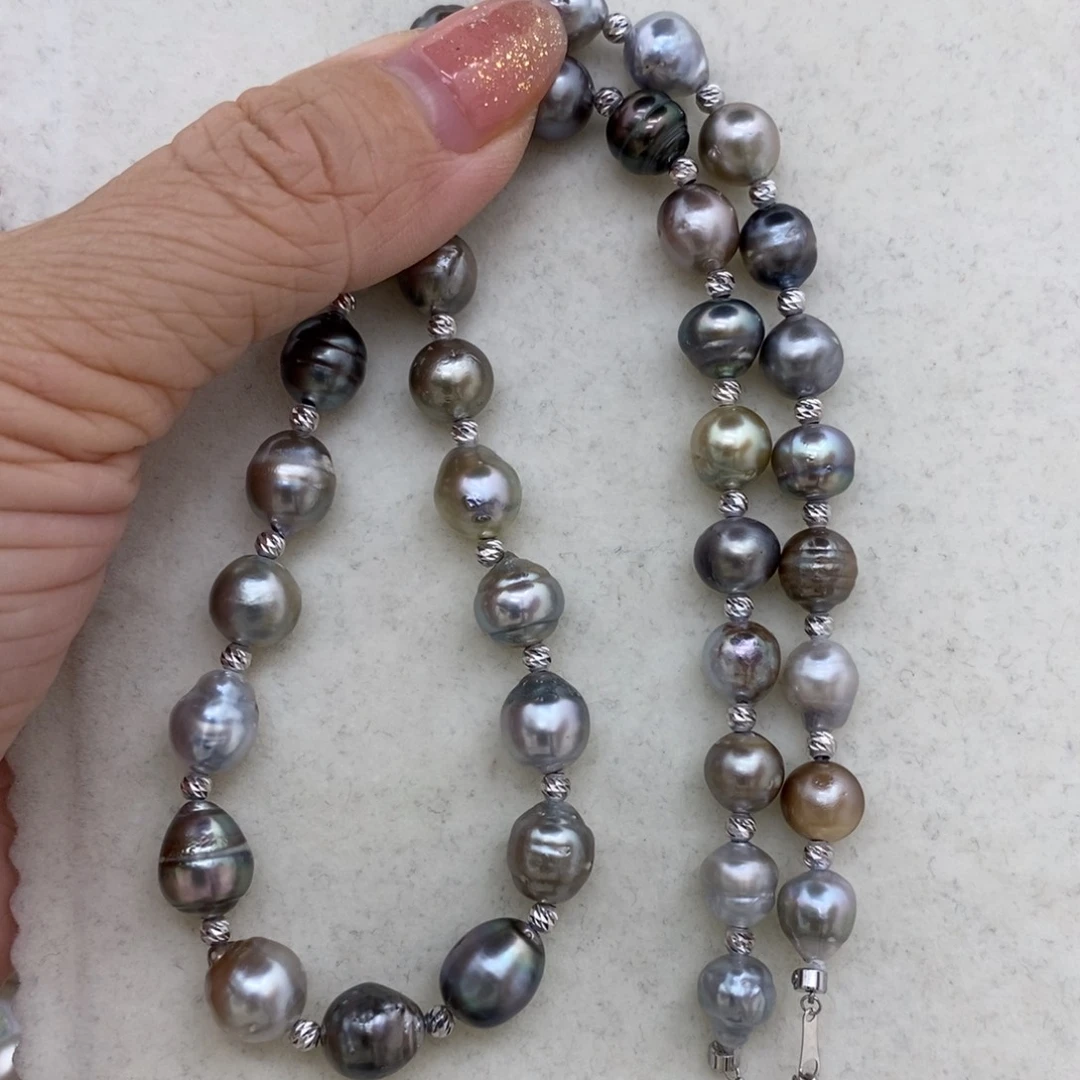 海水珍珠项链18K金镶嵌大溪地铂金灰7.4-9.4