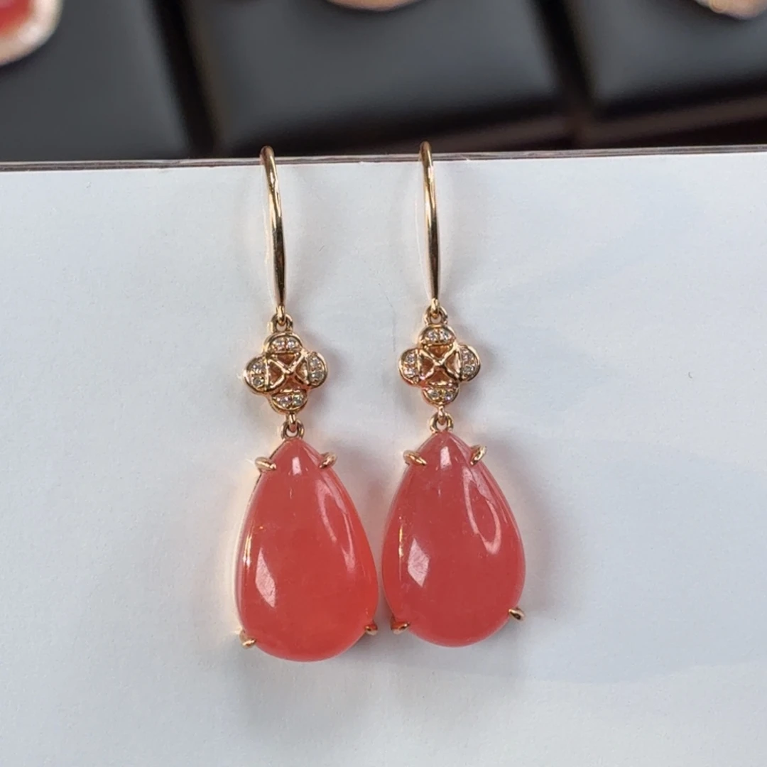 18K金镶嵌菱锰矿（红纹石）耳坠