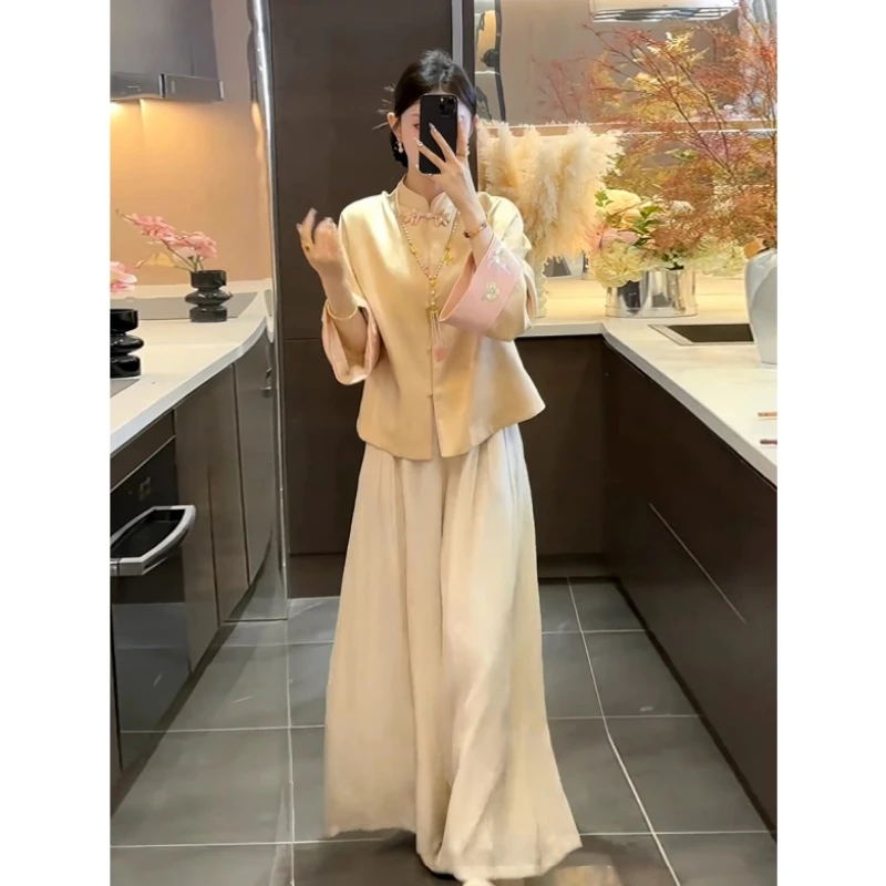 新中式国风设计感提花盘扣立领外套女2025秋冬新款阔腿裤两件套装