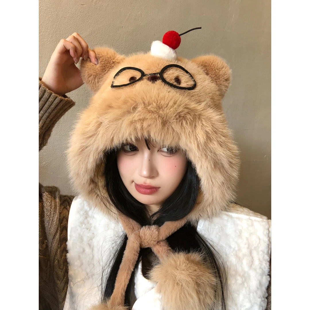 甜美可爱蛋糕眼镜小熊毛绒帽子女秋冬加厚加绒保暖防寒护耳雷锋帽