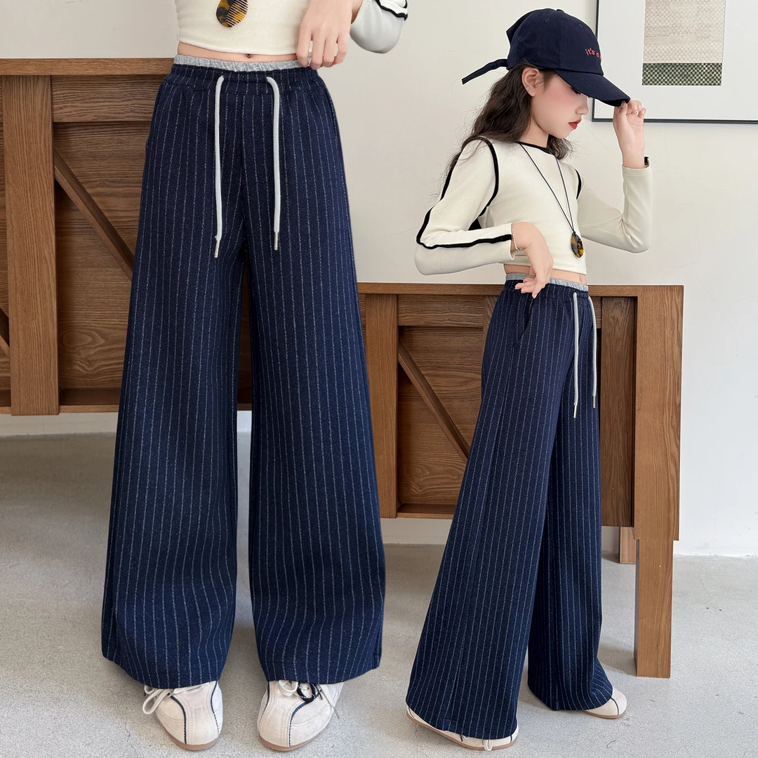 女中大童休闲裤2025秋季新款6-15岁儿童条纹设计款宽松高腰直筒裤