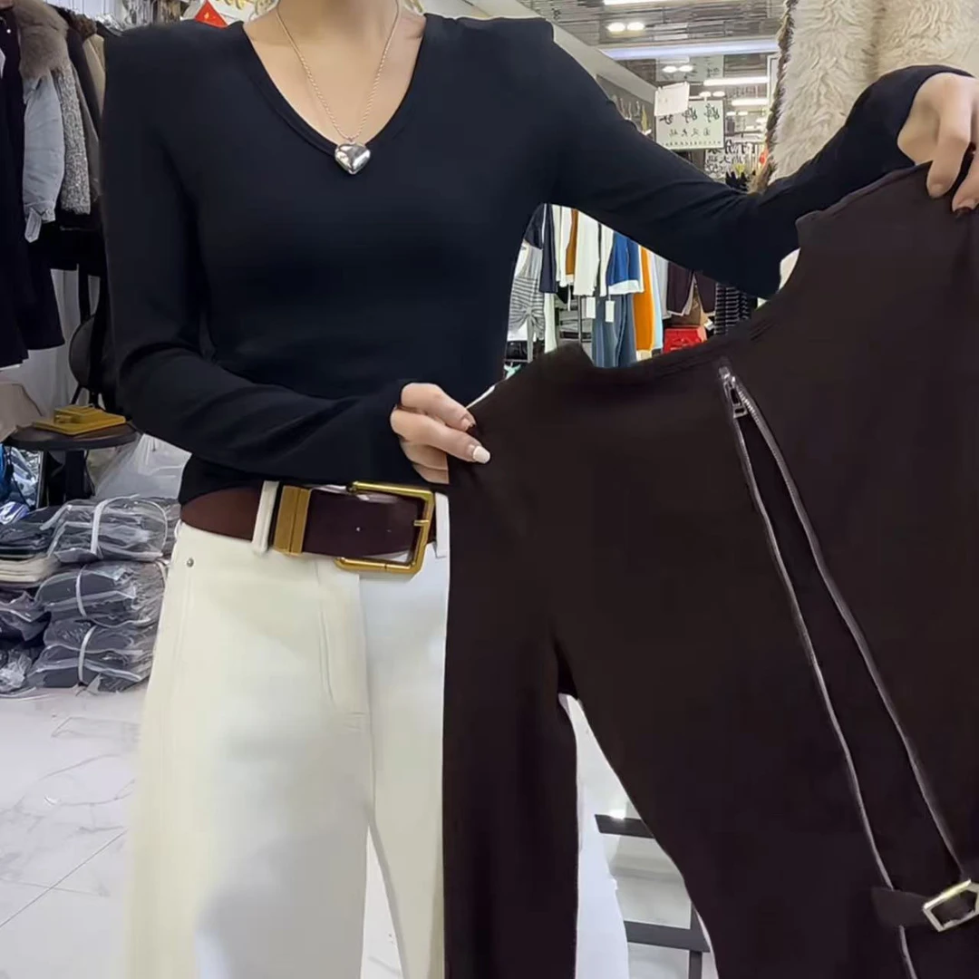 后背拉链打底衫女欧货2025冬装新款设计感小众磨毛长袖显瘦上衣潮