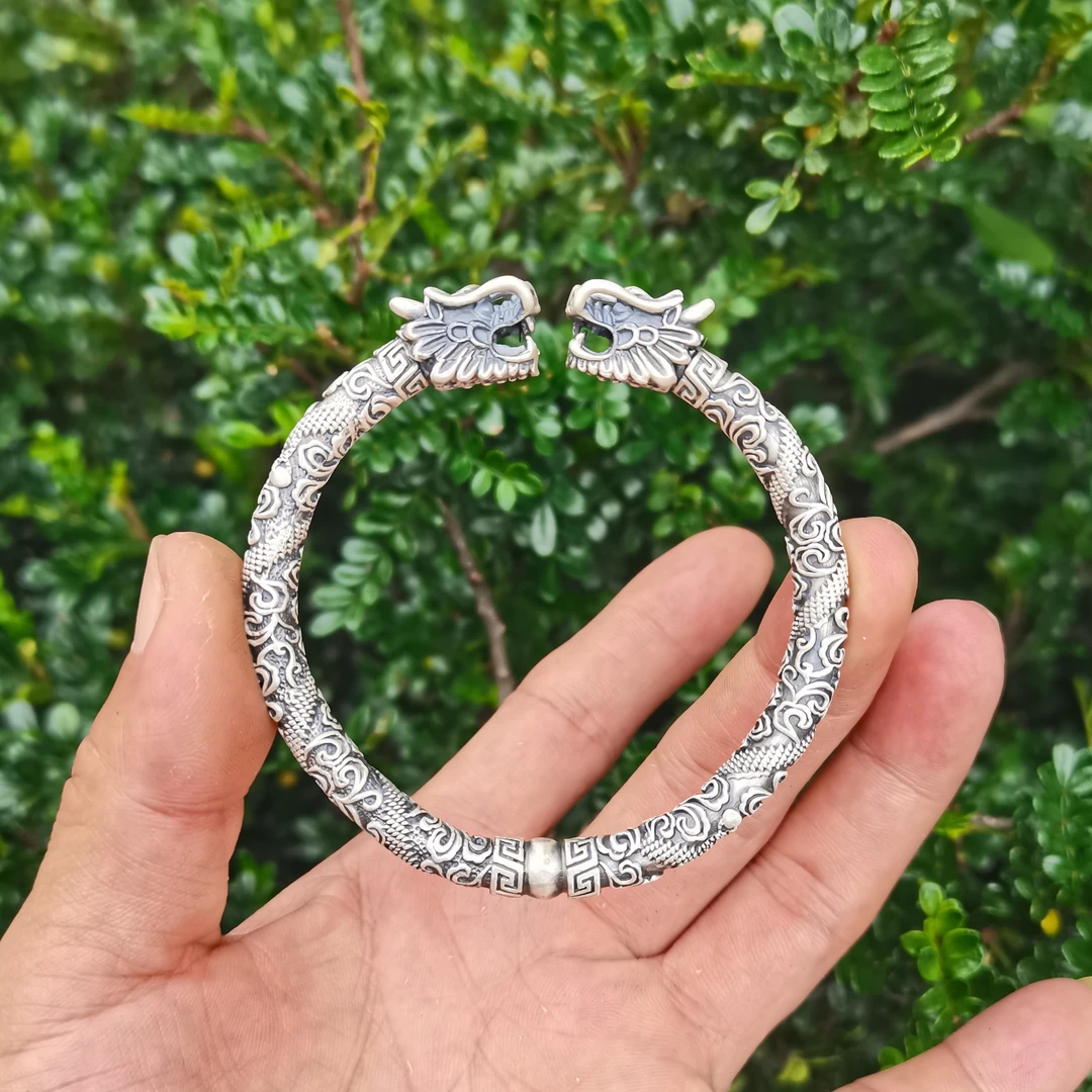 足银手镯 足银手镯复古镯子龙头银手镯男士银手镯精品龙头银手镯