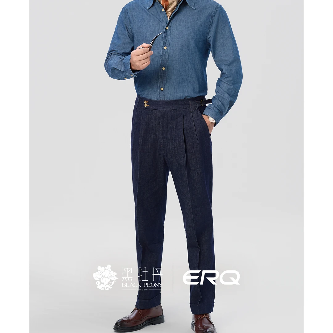 ERQ[那不勒斯意式]商务复古男士修身直筒牛仔裤宽松弹力休闲秋季