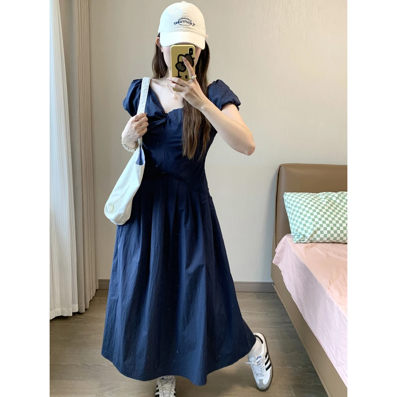 小沈美眉 海风度假 大码收腰褶皱V领泡泡袖连衣裙夏A字长裙子女
