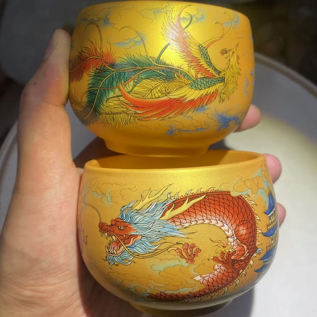手工茶器  金玉满堂  腾龙金杯+凤凰金杯 （对杯）