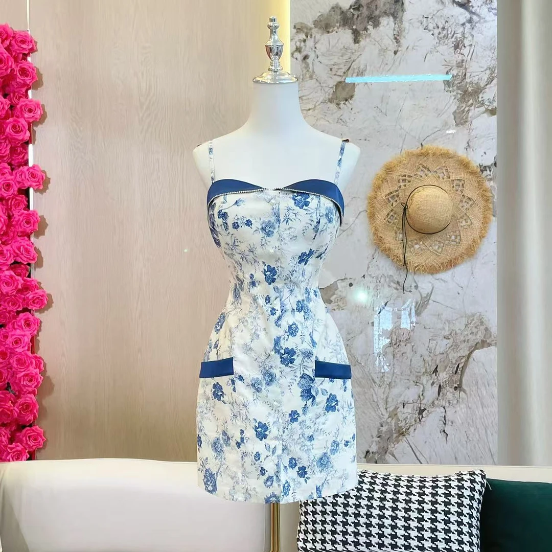 BECHARMING「盛京烟雨」气质女神修身显瘦印花吊带连衣裙Q1083