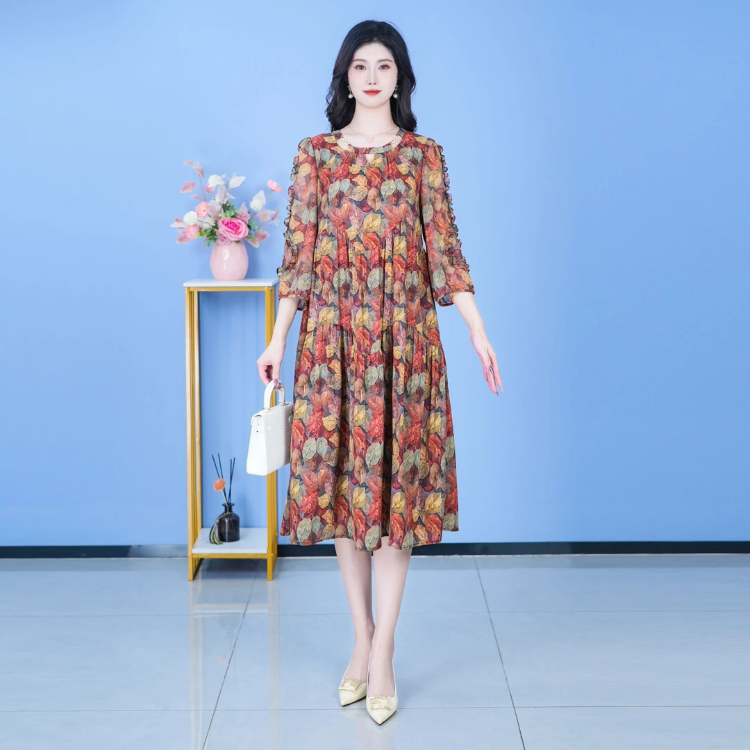 【SJYH230】春季新款连衣裙中长款气质中式收腰印花女装连衣裙