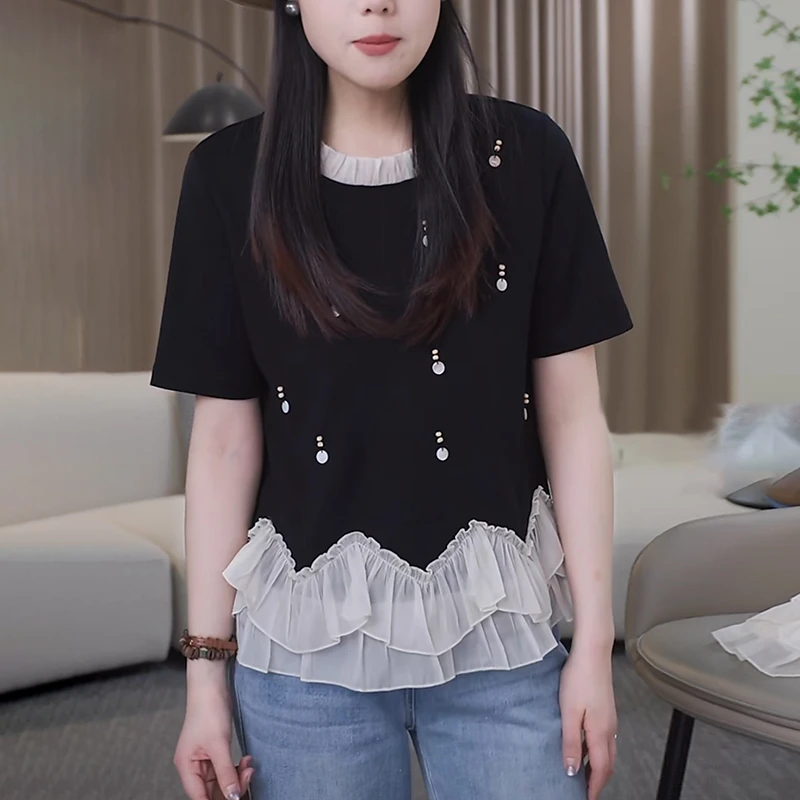 黑色短袖t恤女士夏季新款时尚设计感荷叶边钉珠蕾丝拼接体恤上衣