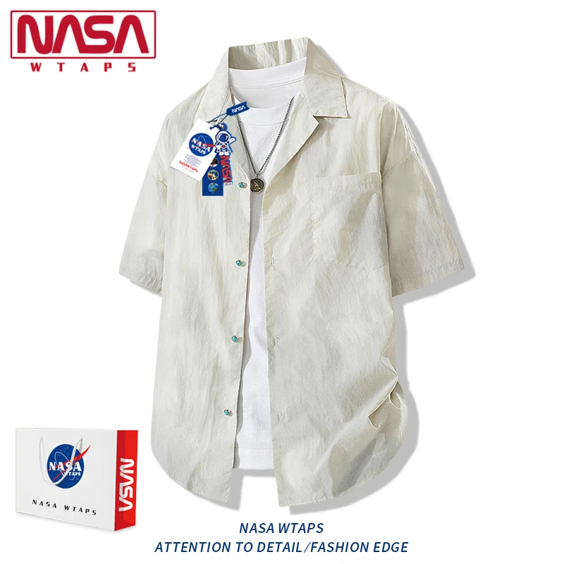 NASA WTAPS潮牌大码短袖衬衫男夏季古巴领设计感宽松休闲半袖衬衣